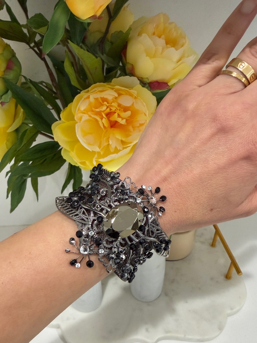 Black Crystal Filigree Statement Cuff Bracelet
